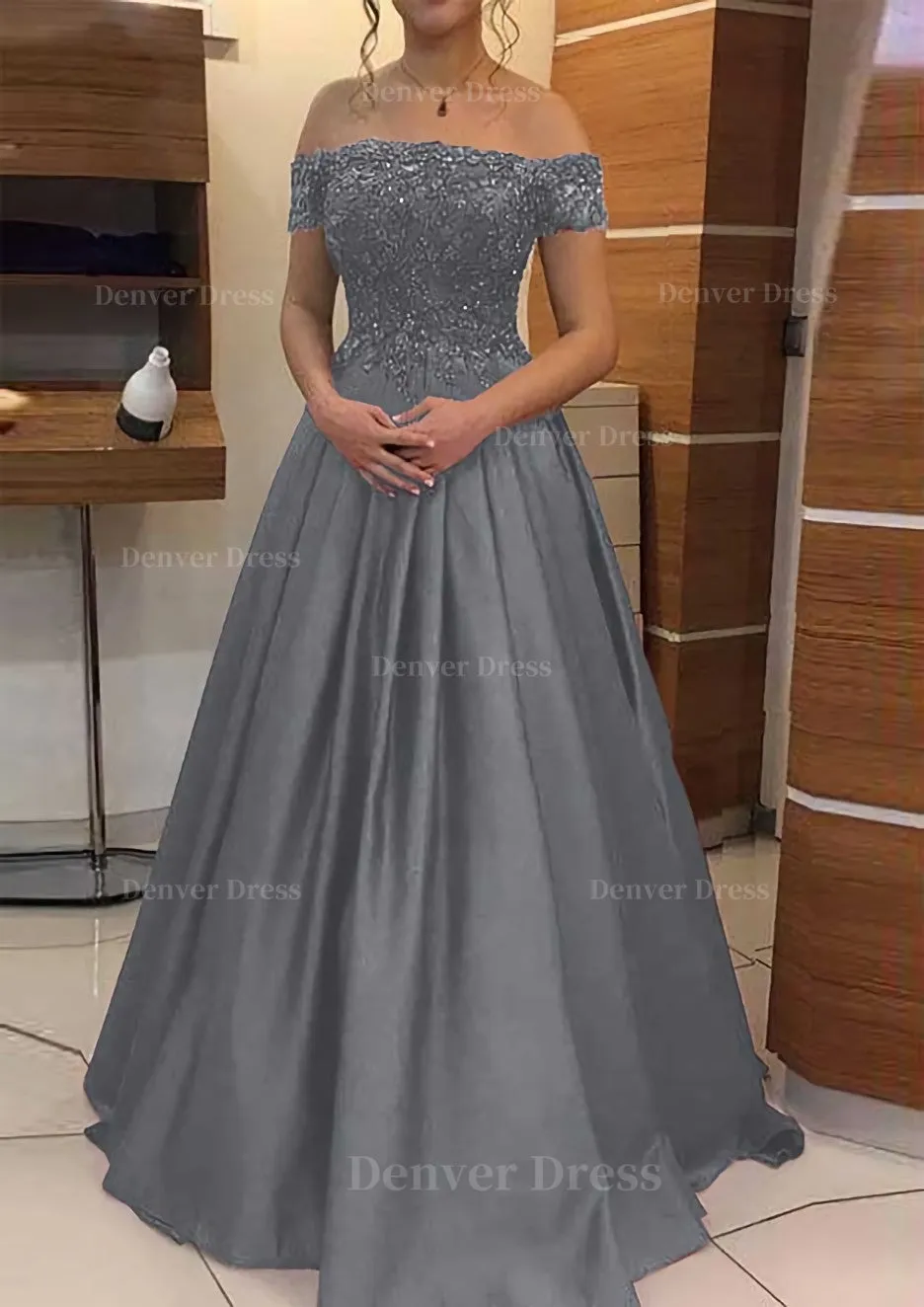 A-line/Princess Off-the-Shoulder Sleeveless Long/Floor-Length Elastic Satin Prom Dress With Lace Pleated