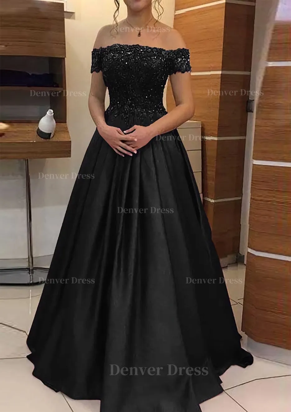 A-line/Princess Off-the-Shoulder Sleeveless Long/Floor-Length Elastic Satin Prom Dress With Lace Pleated