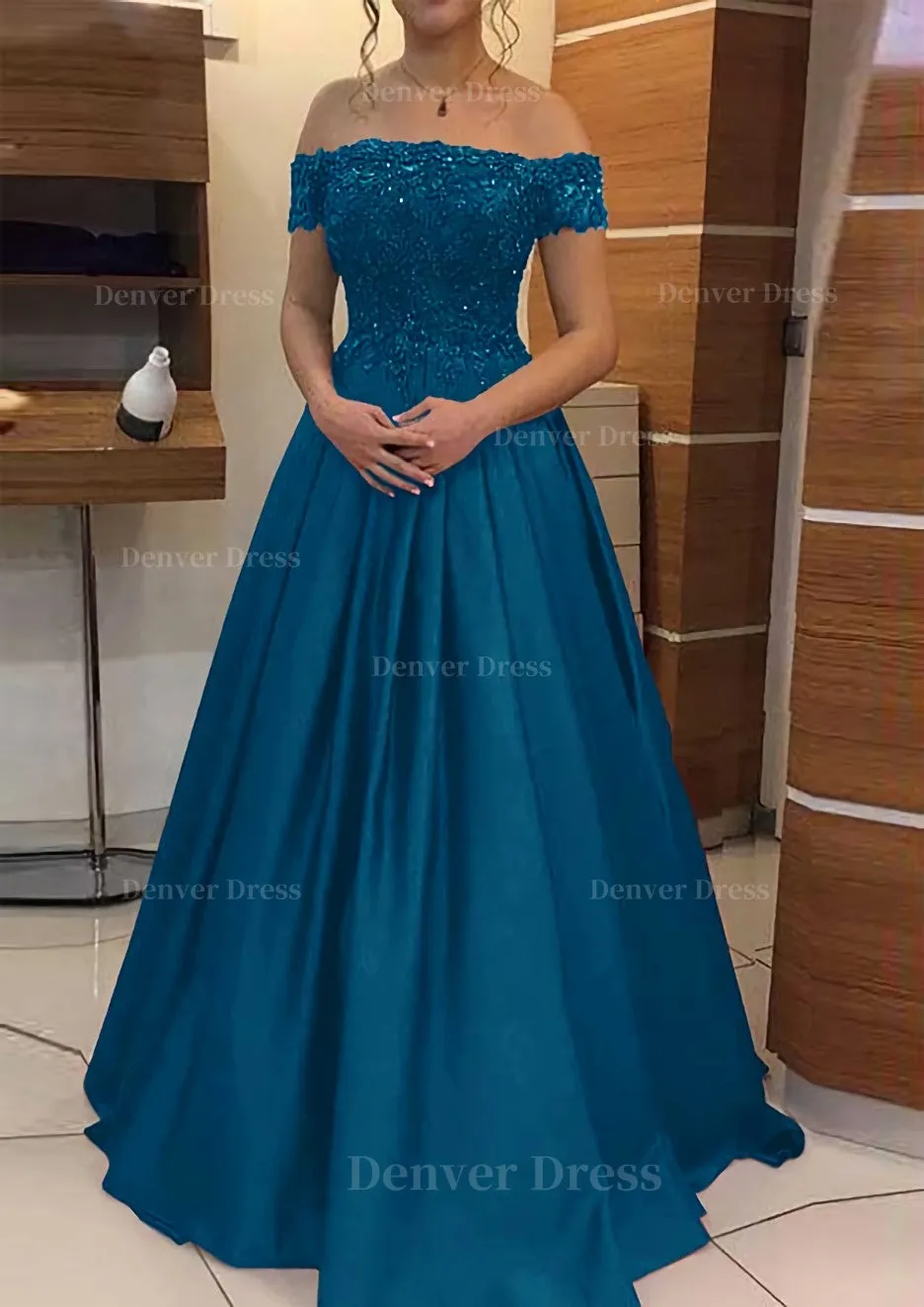 A-line/Princess Off-the-Shoulder Sleeveless Long/Floor-Length Elastic Satin Prom Dress With Lace Pleated