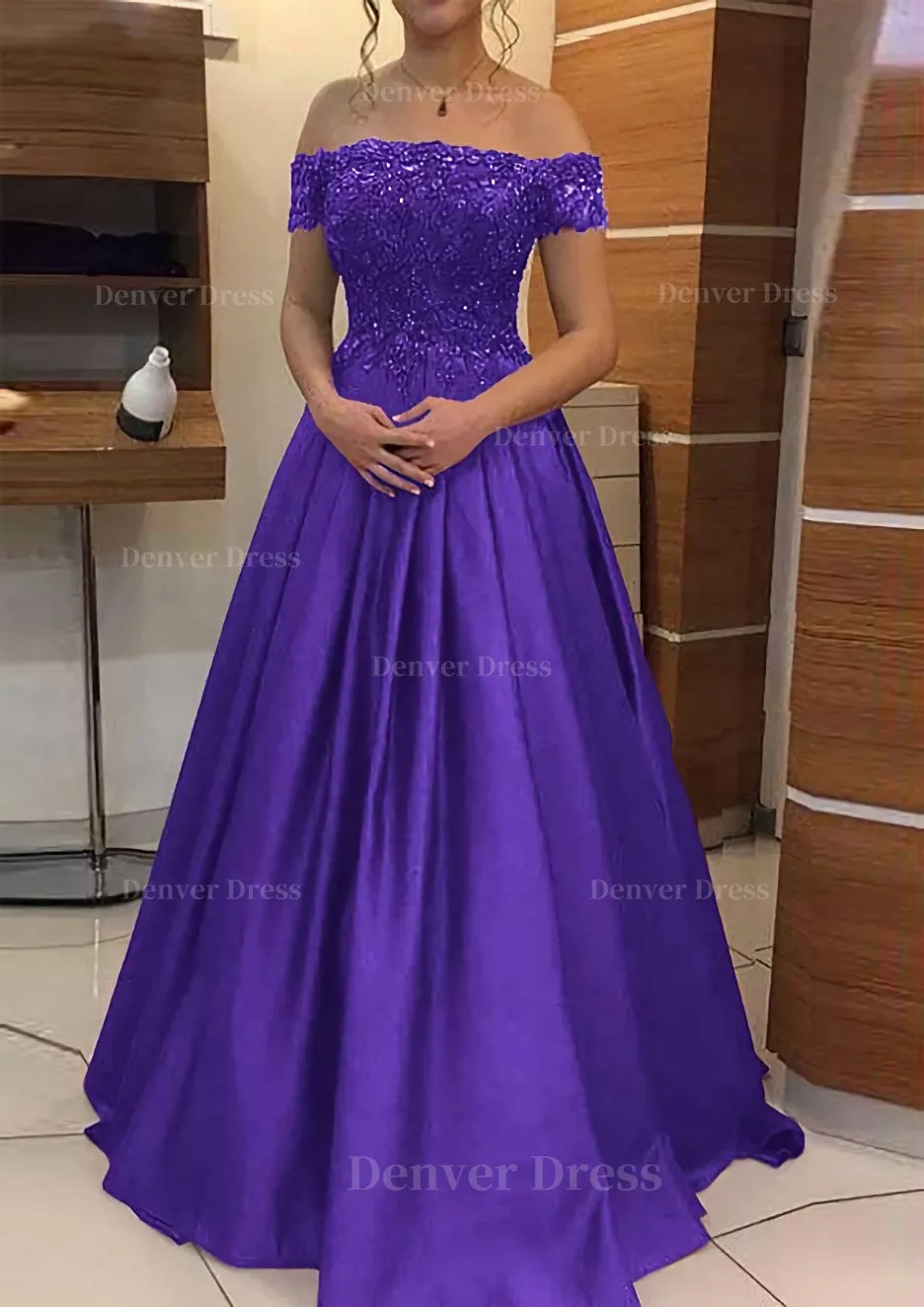 A-line/Princess Off-the-Shoulder Sleeveless Long/Floor-Length Elastic Satin Prom Dress With Lace Pleated