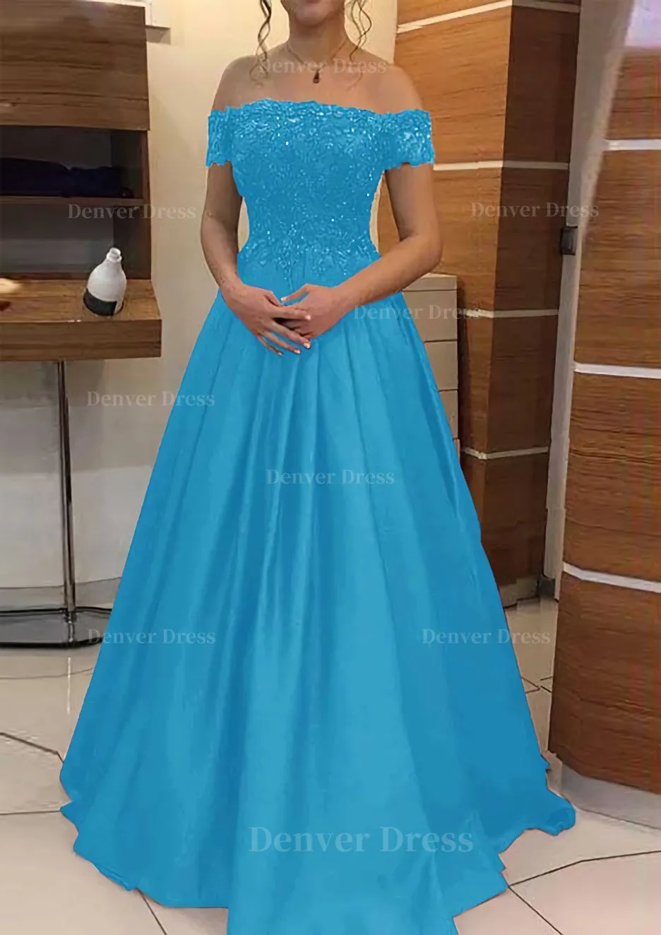 A-line/Princess Off-the-Shoulder Sleeveless Long/Floor-Length Elastic Satin Prom Dress With Lace Pleated