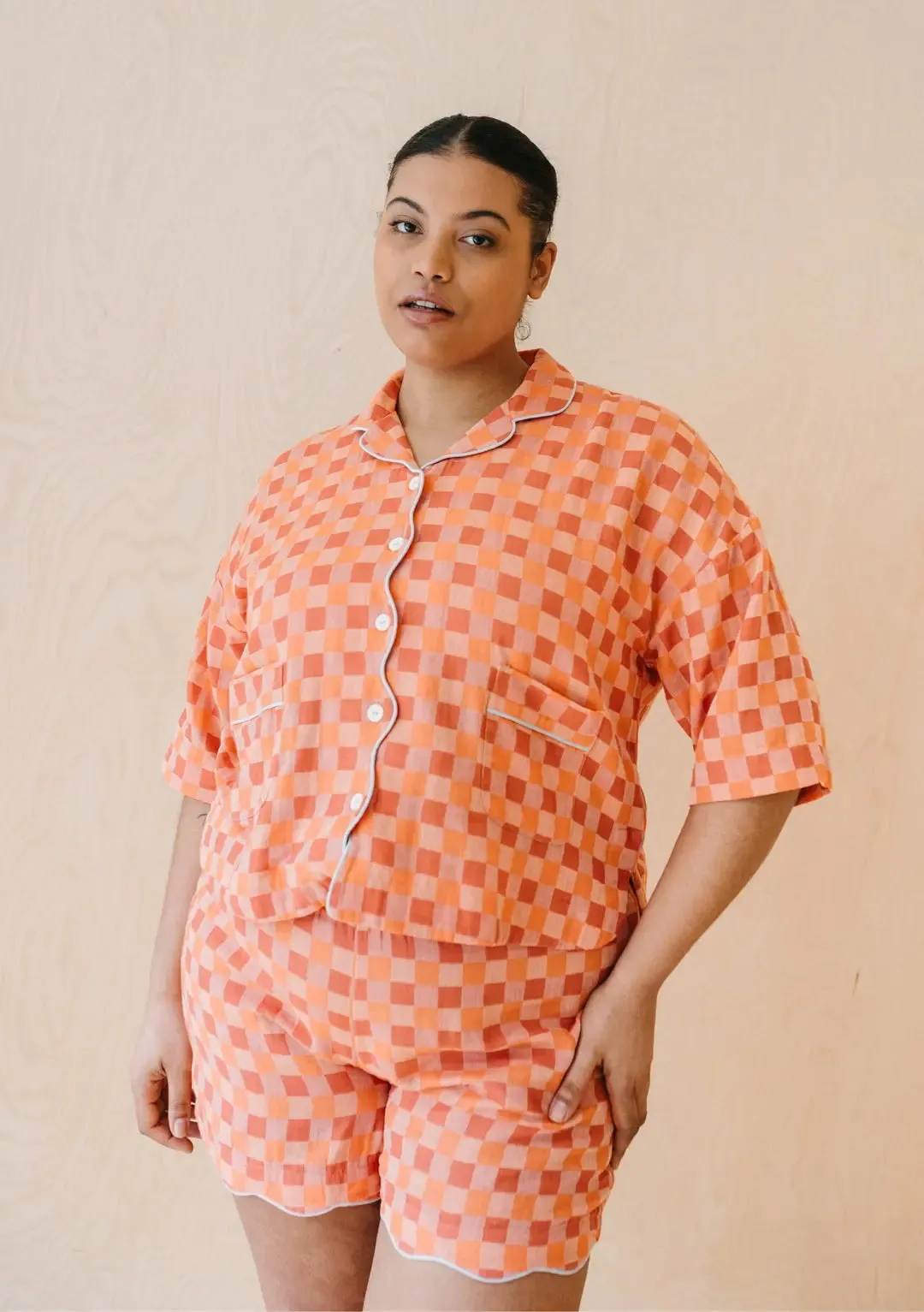 Apricot Checkerboard Cotton Pyjama Short Set