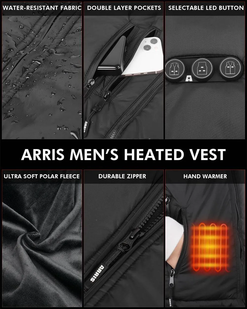 ARRIS Heated Vest Size Adjustable 7.4V 7500mah Battery Warm Vest for Men