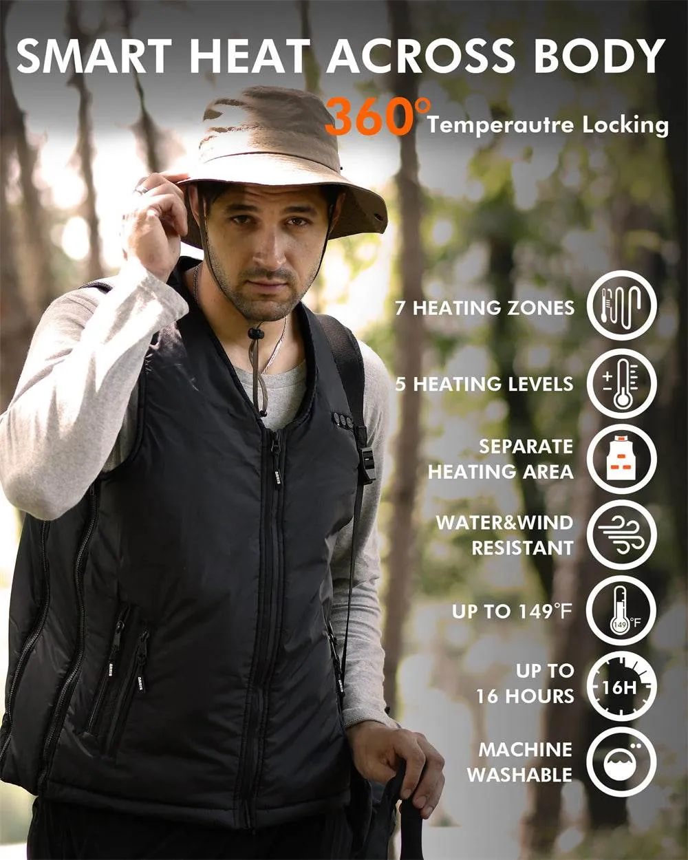 ARRIS Heated Vest Size Adjustable 7.4V 7500mah Battery Warm Vest for Men