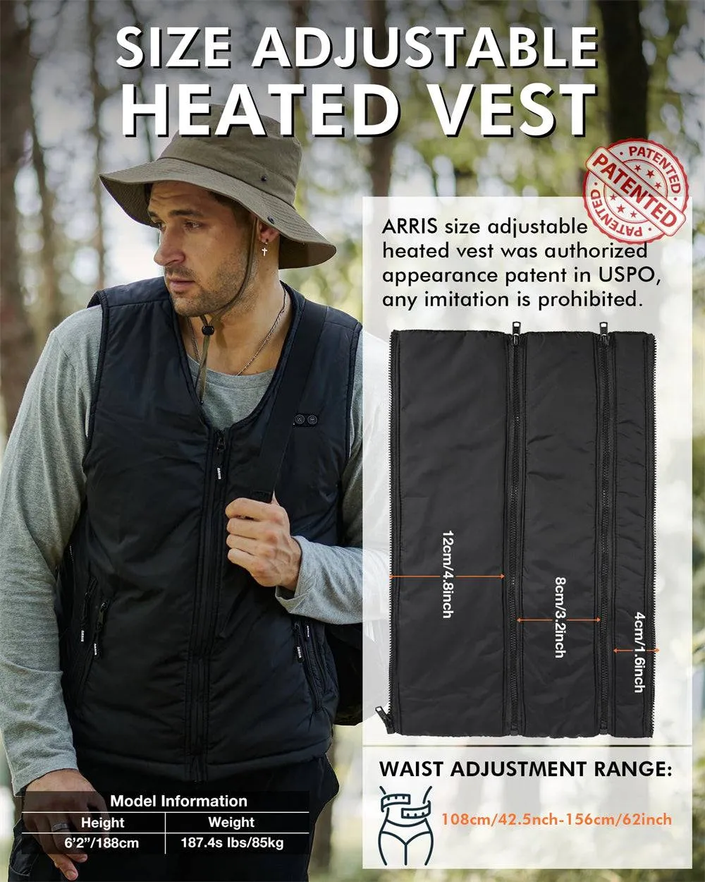 ARRIS Heated Vest Size Adjustable 7.4V 7500mah Battery Warm Vest for Men