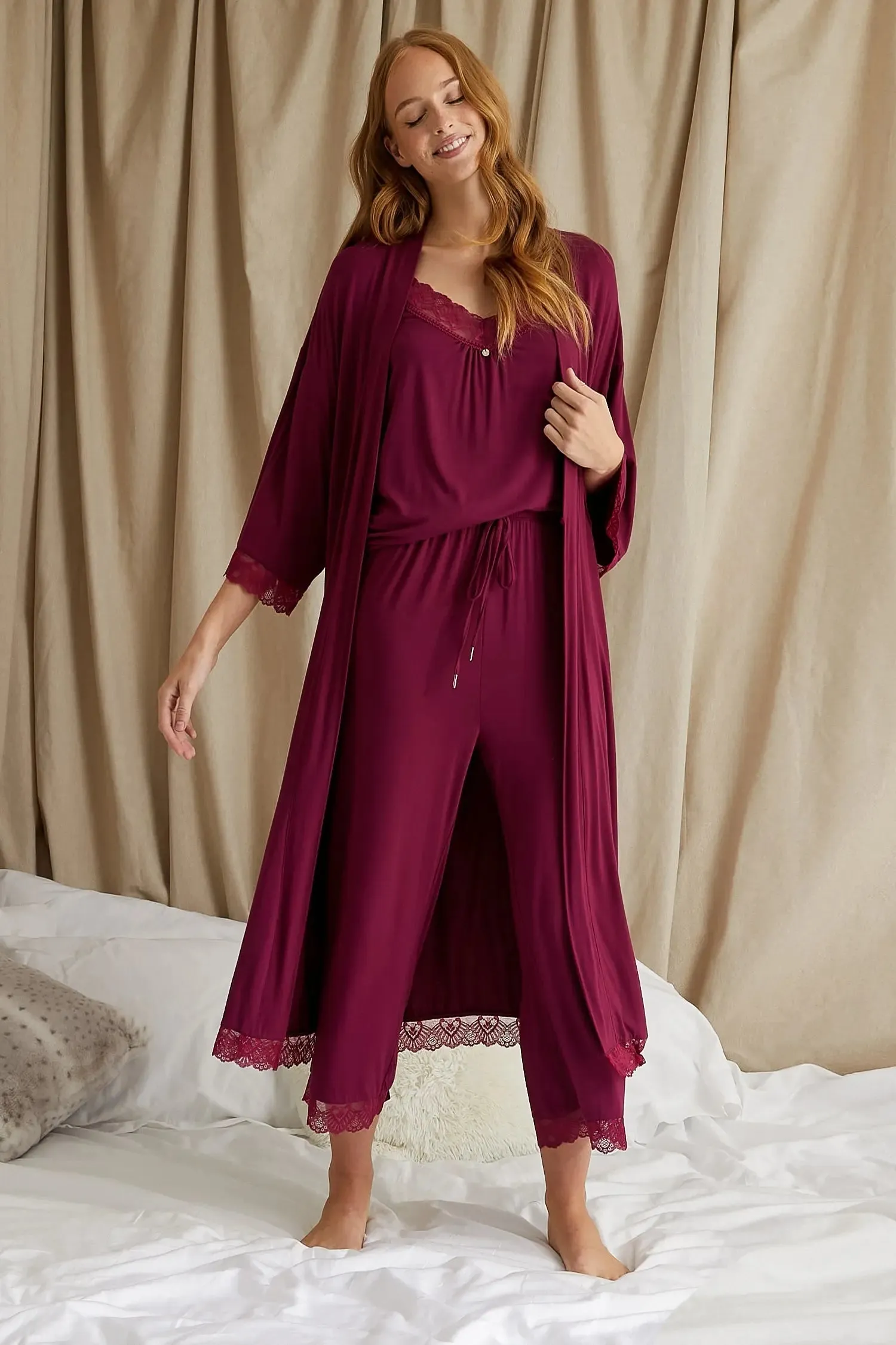 Bamboo Lace Cami Cropped Trouser Pyjama Set in Bordeaux