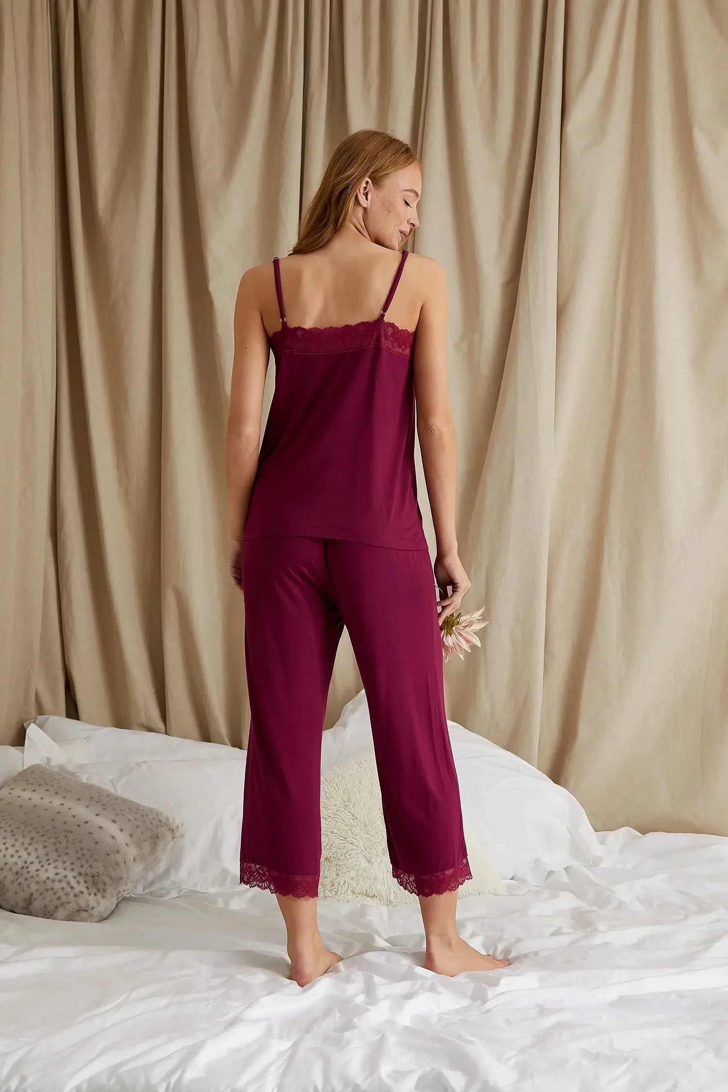 Bamboo Lace Cami Cropped Trouser Pyjama Set in Bordeaux