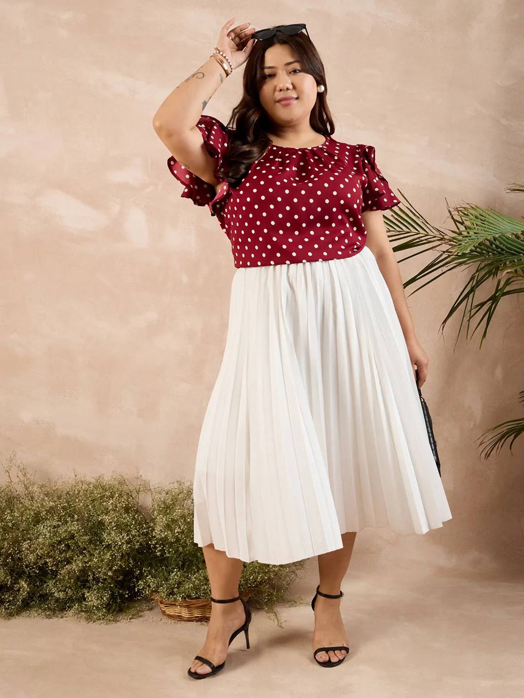 Berrylush Curve Women Red & White Polka Dot Printed Round Neck Puff Sleeves Straight Hem Pleated Regular Top