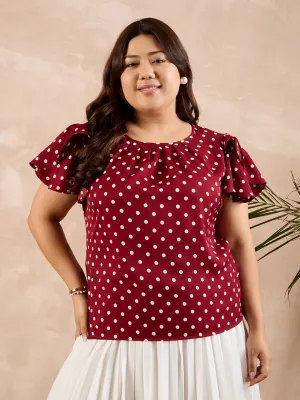 Berrylush Curve Women Red & White Polka Dot Printed Round Neck Puff Sleeves Straight Hem Pleated Regular Top