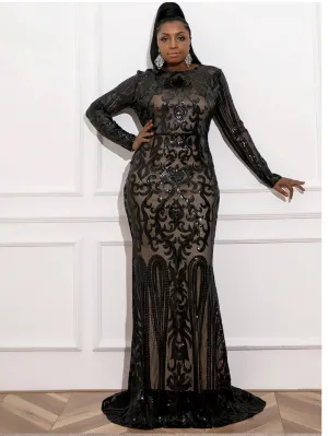 Black Sequin Plus Size Party Dress Elegant Long Sleeve Bodycon Mermaid  Evening Gown