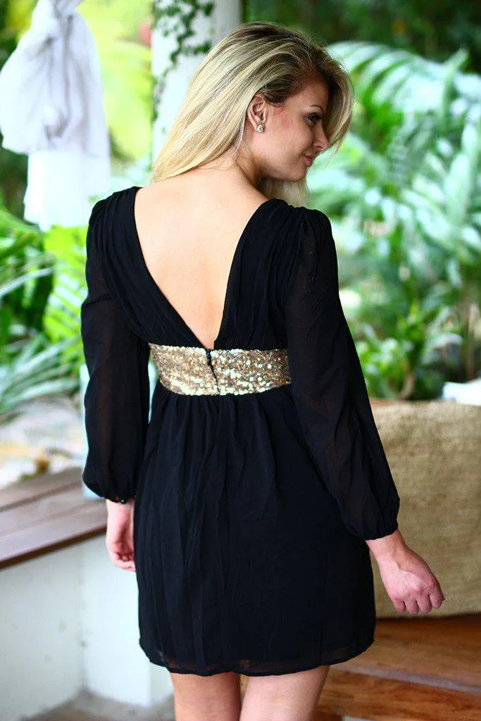 Black Short Dress with Sequin Waist Band