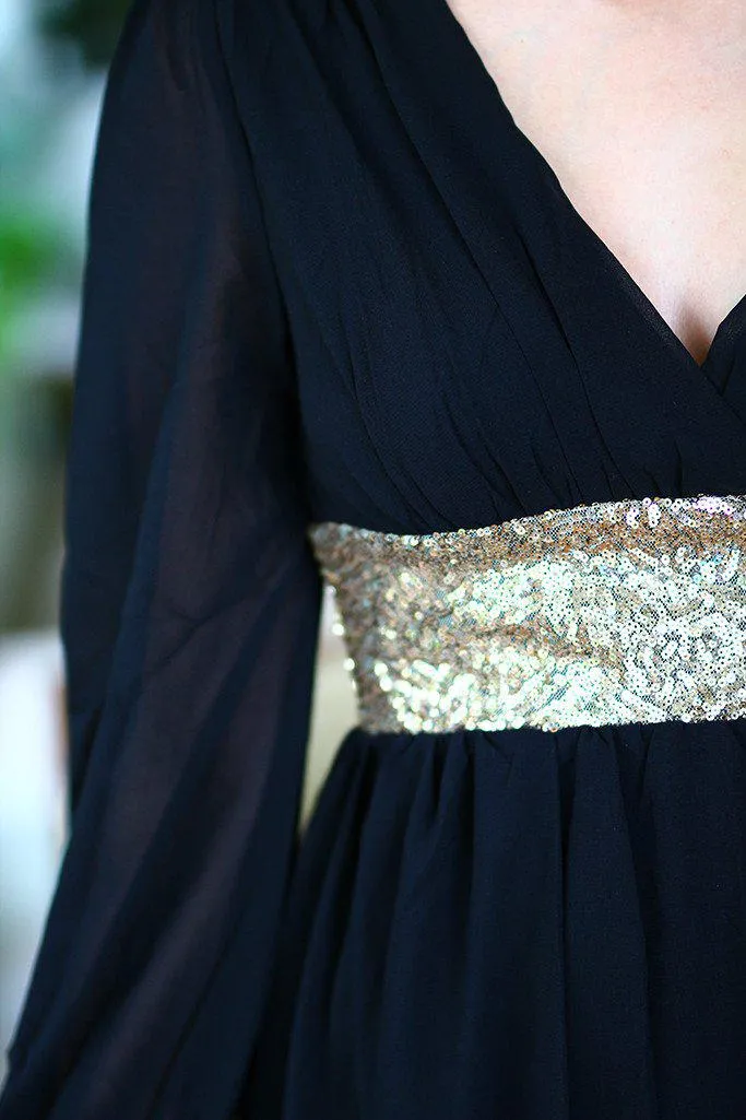 Black Short Dress with Sequin Waist Band