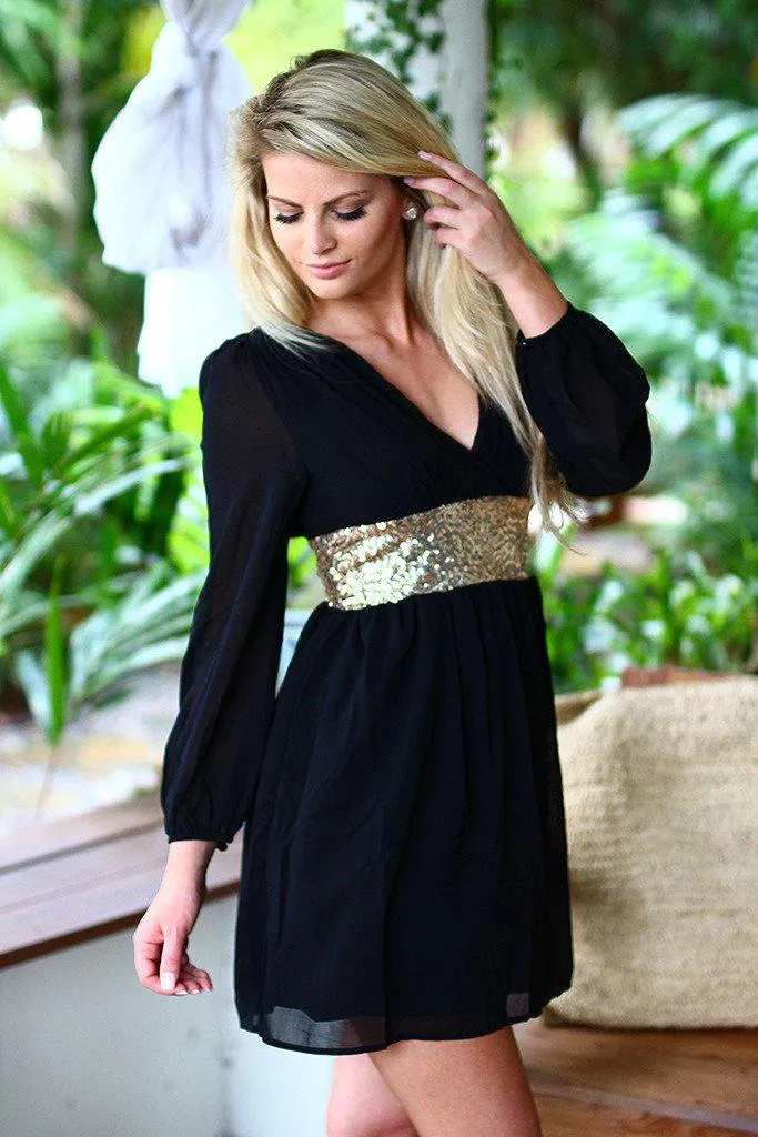 Black Short Dress with Sequin Waist Band