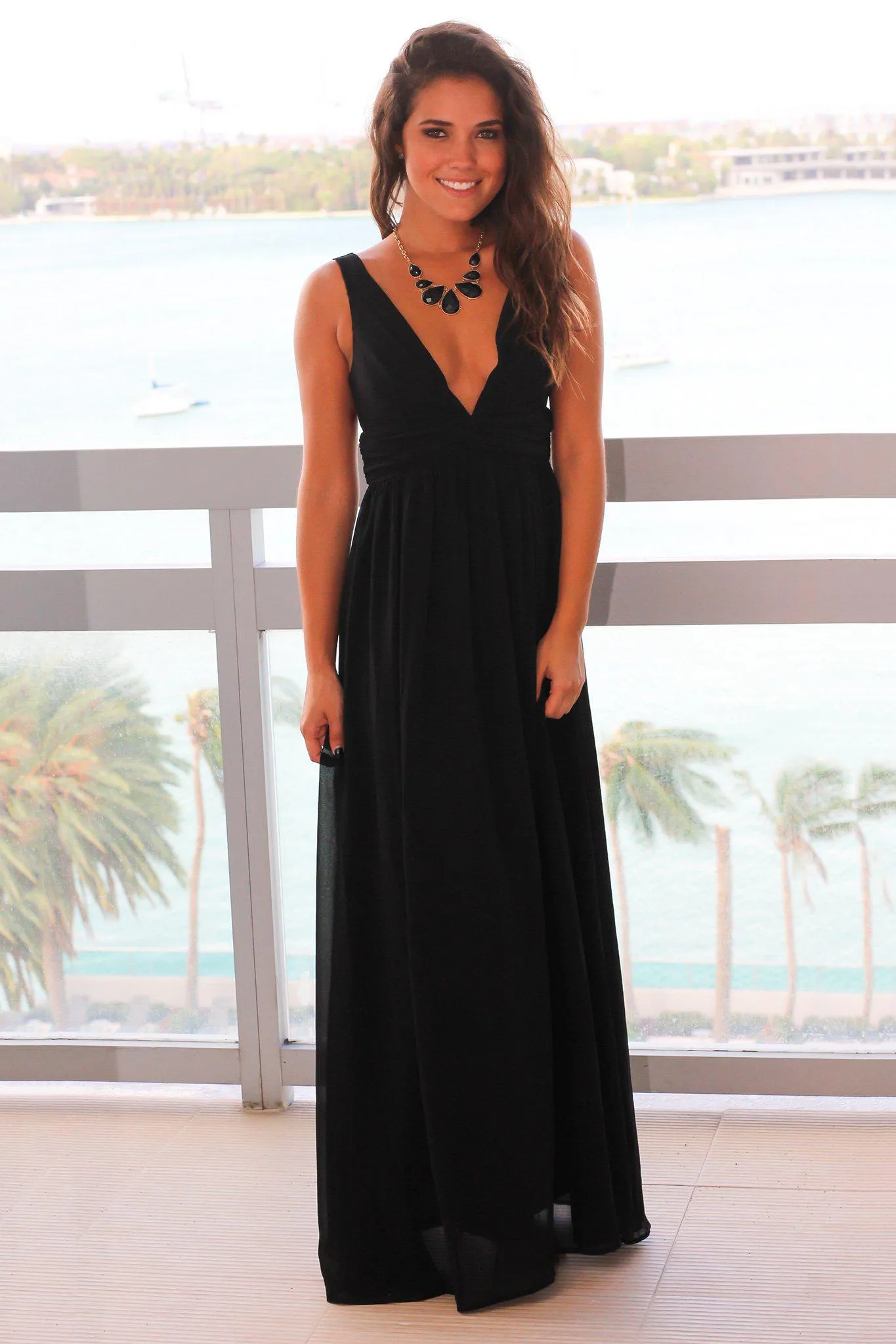 Black V-Neck Maxi Dress with Pleated Top