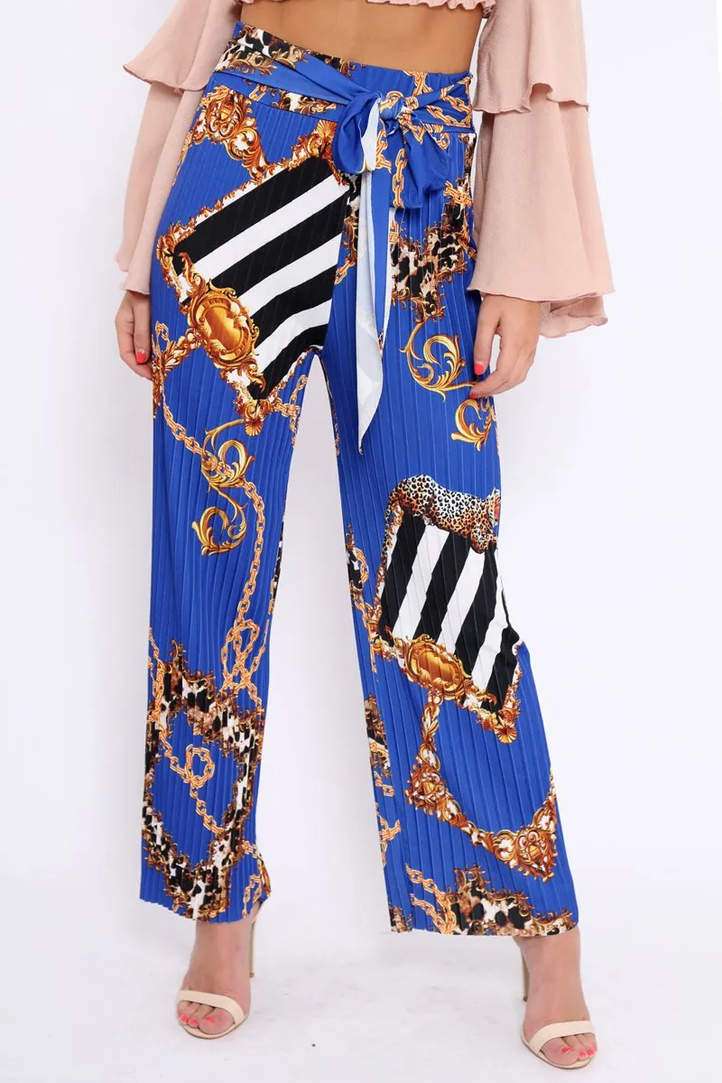 Blue Chain Pleated Wide Leg Trousers - Neola