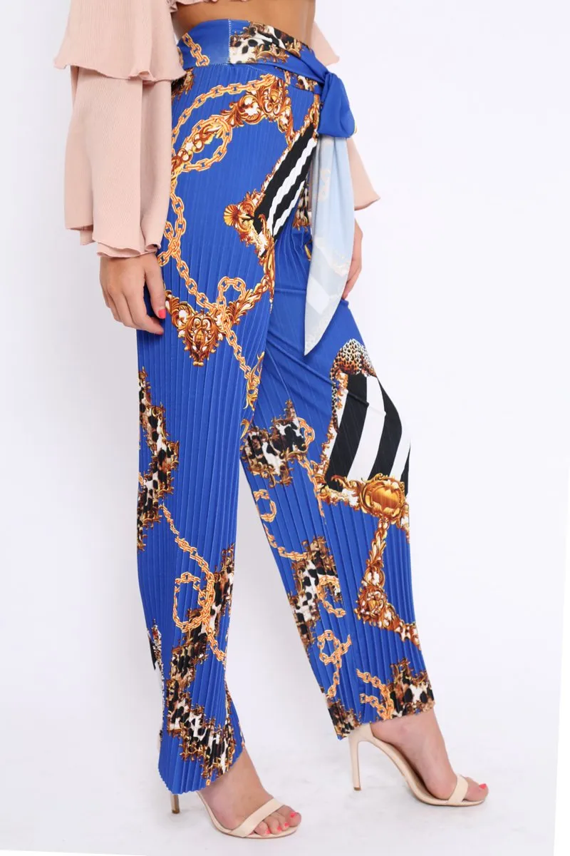 Blue Chain Pleated Wide Leg Trousers - Neola