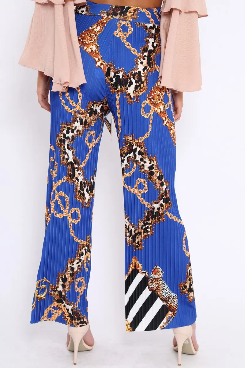 Blue Chain Pleated Wide Leg Trousers - Neola