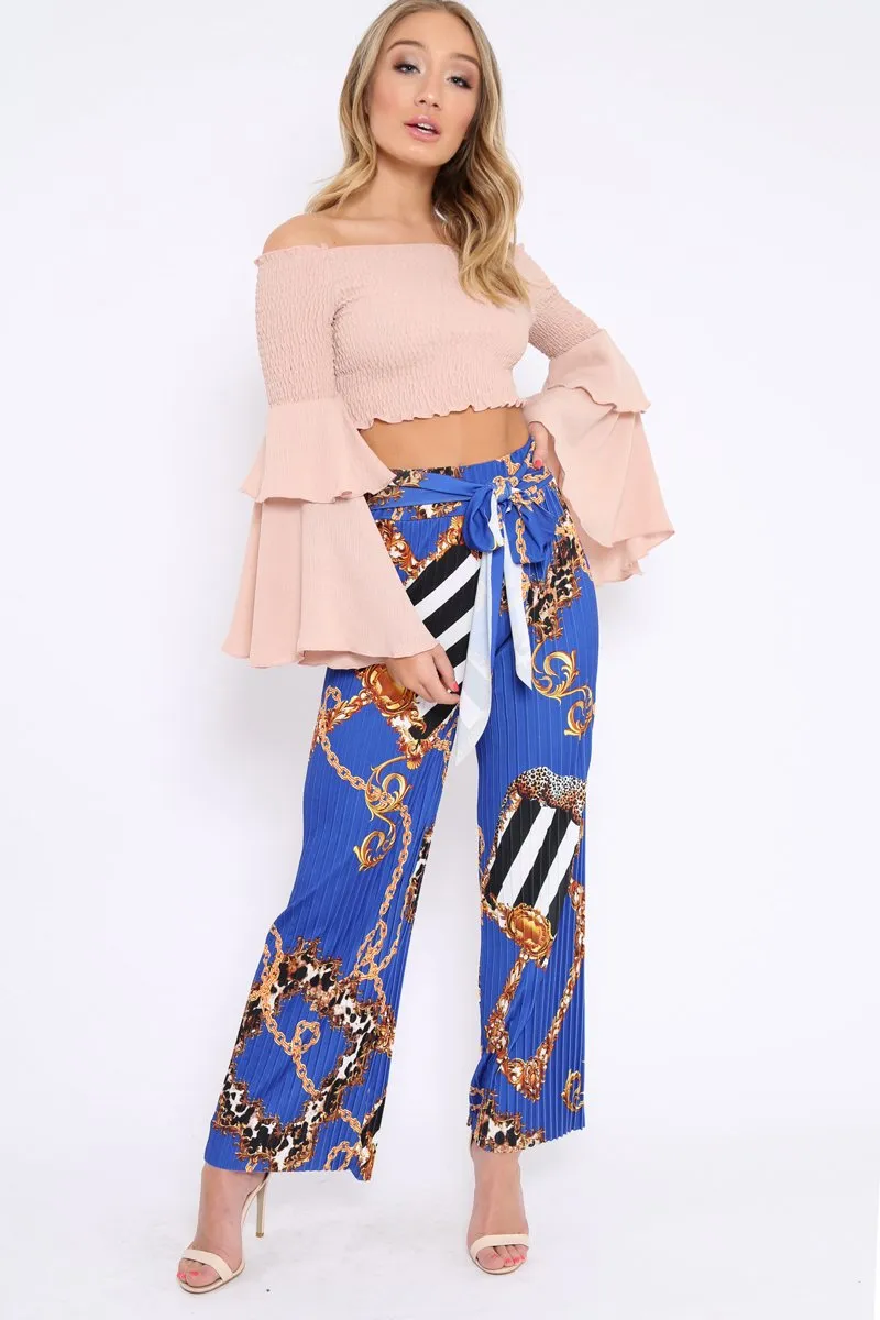 Blue Chain Pleated Wide Leg Trousers - Neola