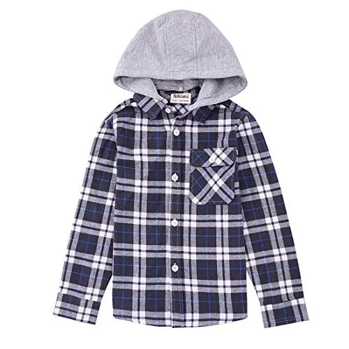 Boy White/NavyBlue/Black Plaid Long Sleeve Flannel Shirts with Hooded