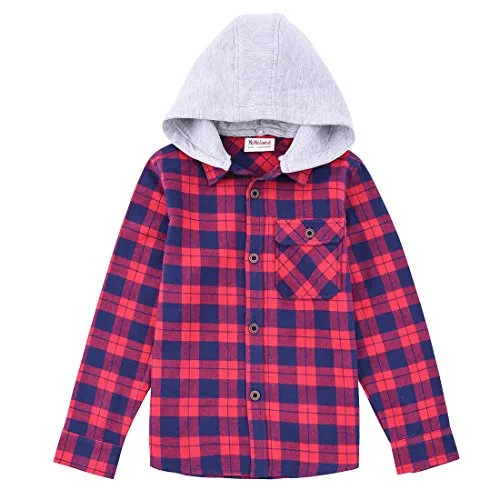 Boy White/NavyBlue/Black Plaid Long Sleeve Flannel Shirts with Hooded