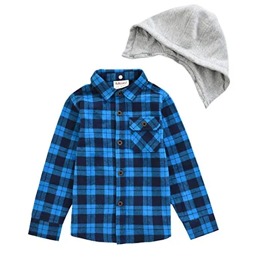 Boy White/NavyBlue/Black Plaid Long Sleeve Flannel Shirts with Hooded