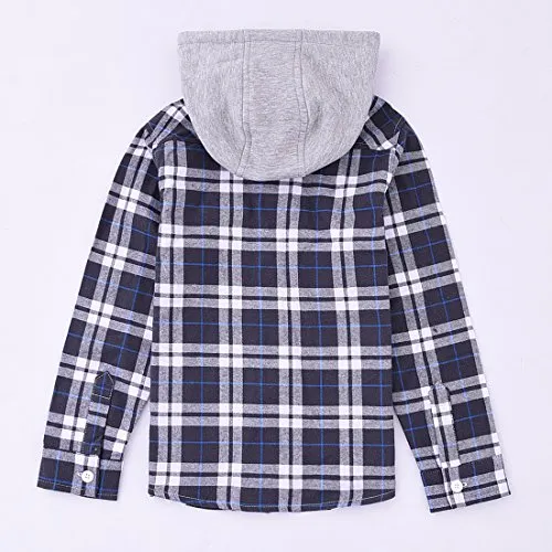 Boy White/NavyBlue/Black Plaid Long Sleeve Flannel Shirts with Hooded