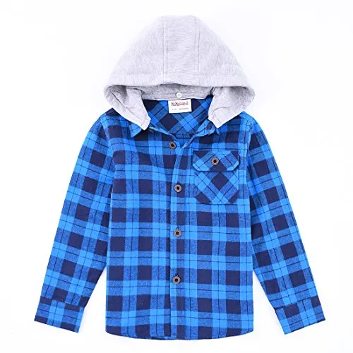 Boy White/NavyBlue/Black Plaid Long Sleeve Flannel Shirts with Hooded