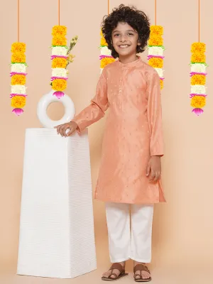 Boys Peach Self Design Booti Kurta with Pyjamas