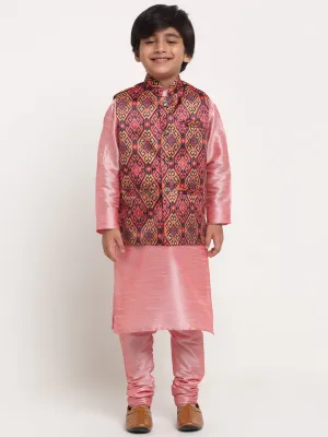 Boy's Pink Solid Kurta With Pyjama & Rust Printed Nehrujacket Combos - Benstoke KIDS