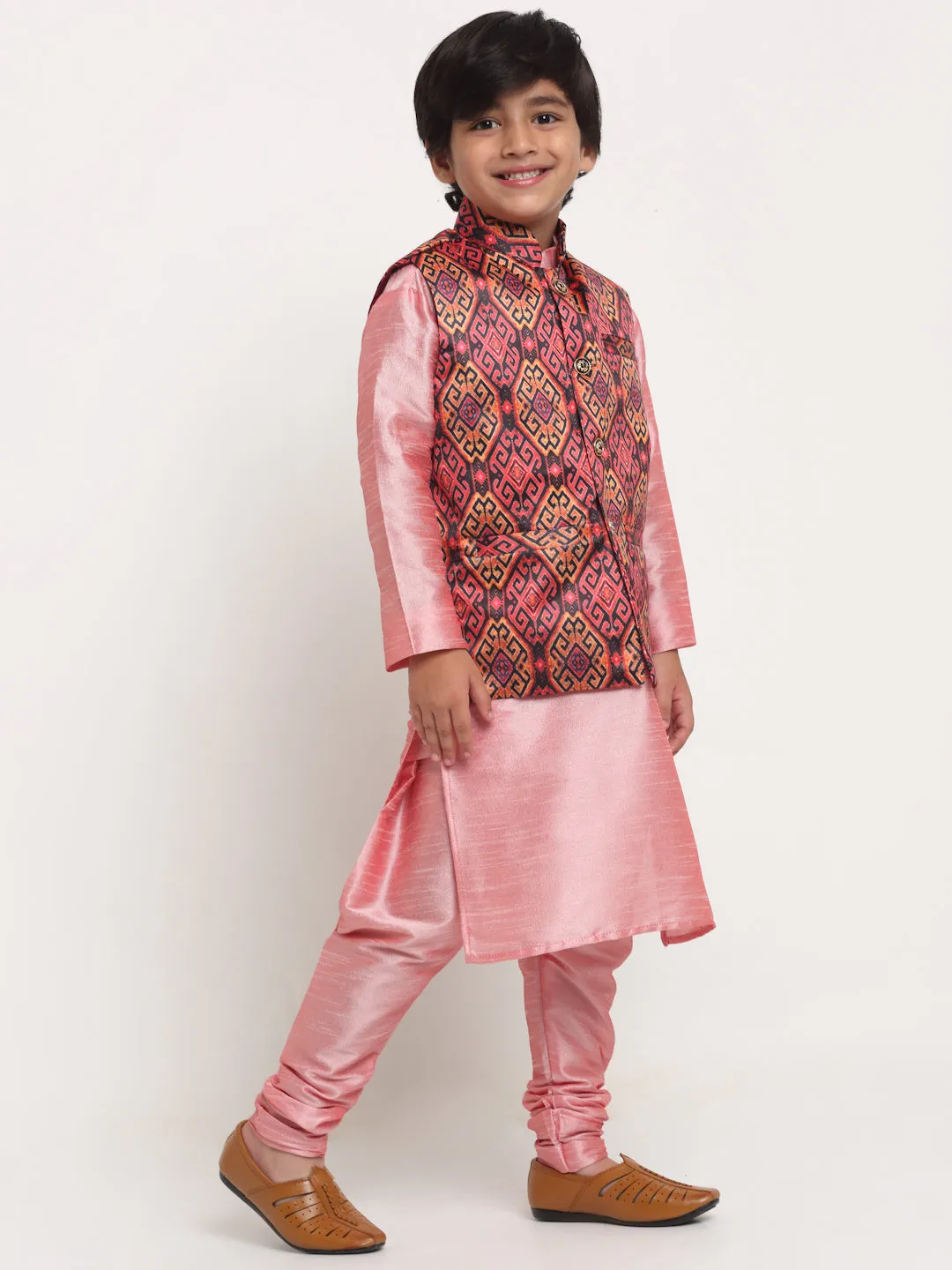 Boy's Pink Solid Kurta With Pyjama & Rust Printed Nehrujacket Combos - Benstoke KIDS