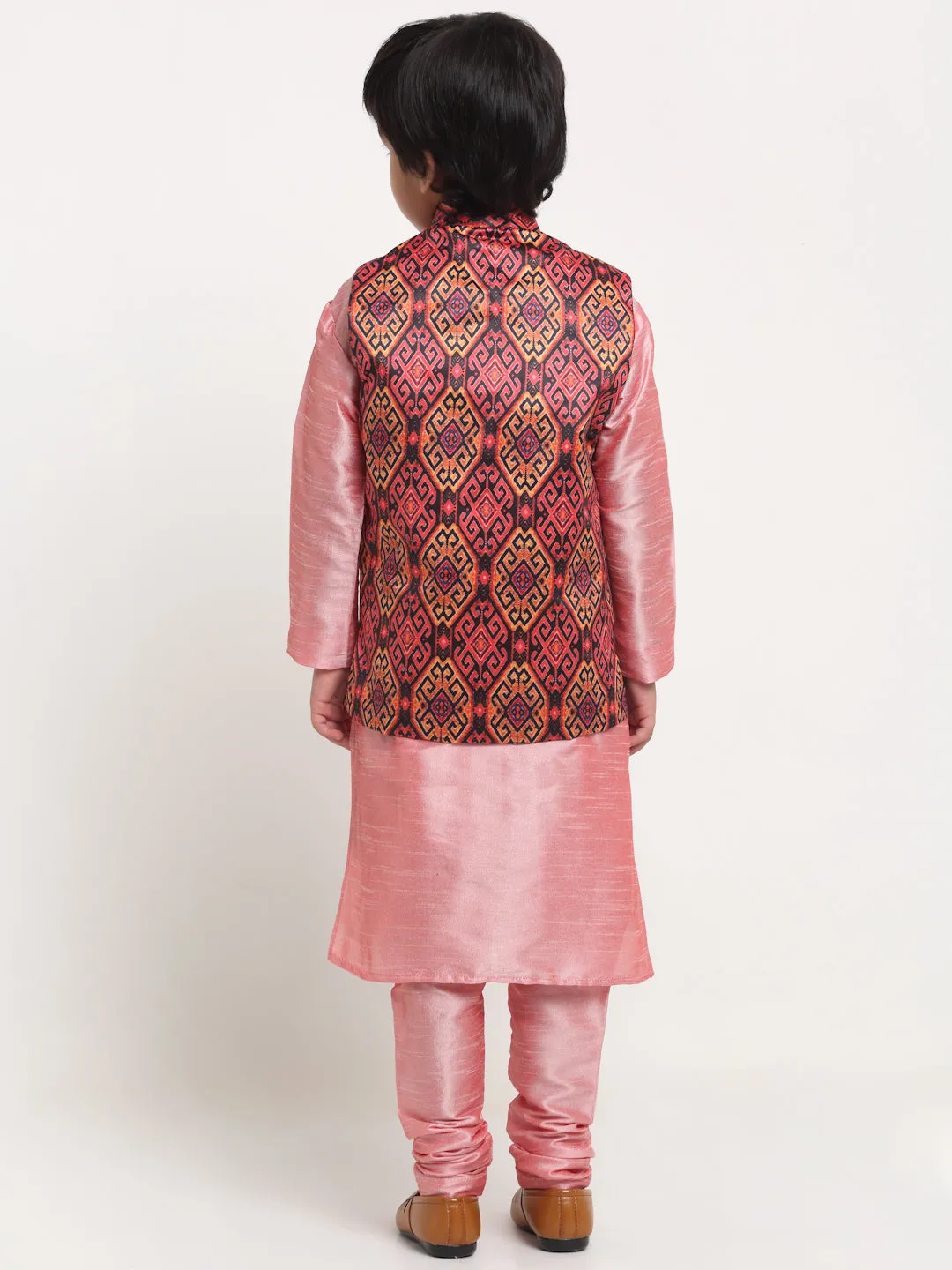 Boy's Pink Solid Kurta With Pyjama & Rust Printed Nehrujacket Combos - Benstoke KIDS