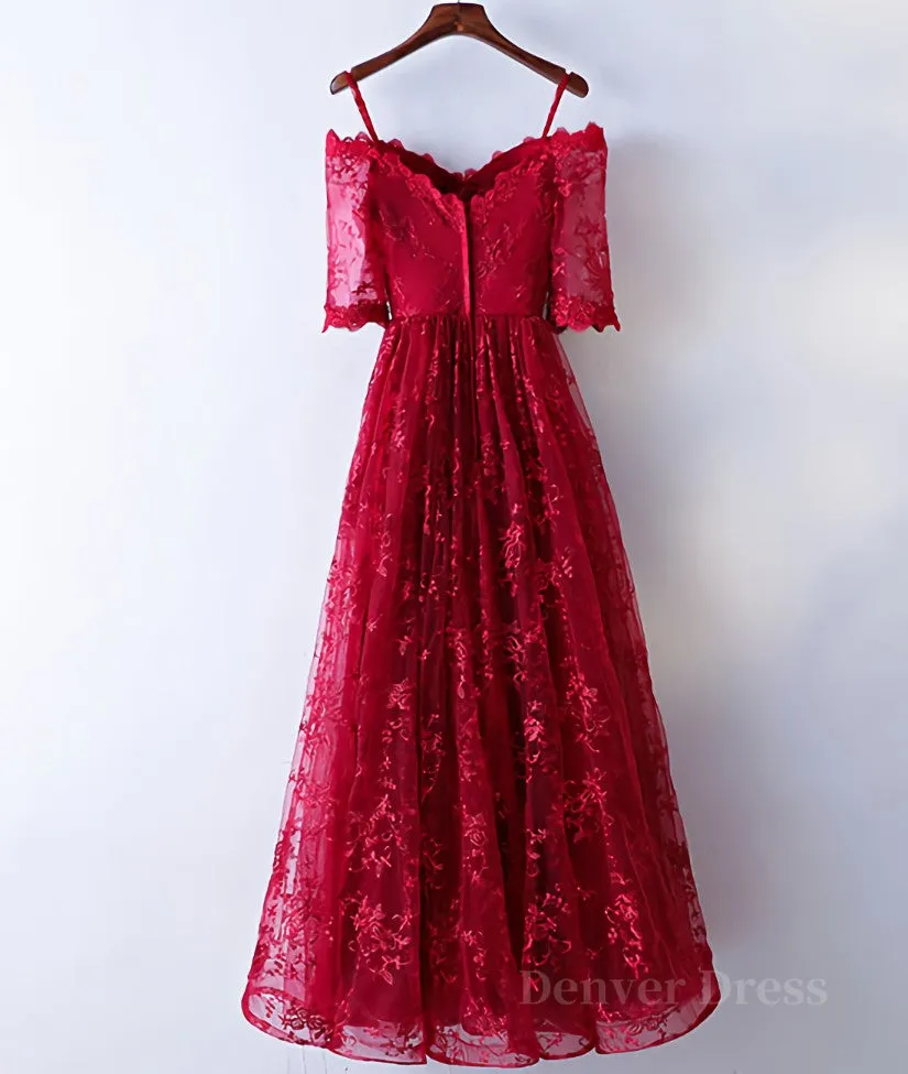 Burgundy sweetheart lace long prom dress burgundy evening dress