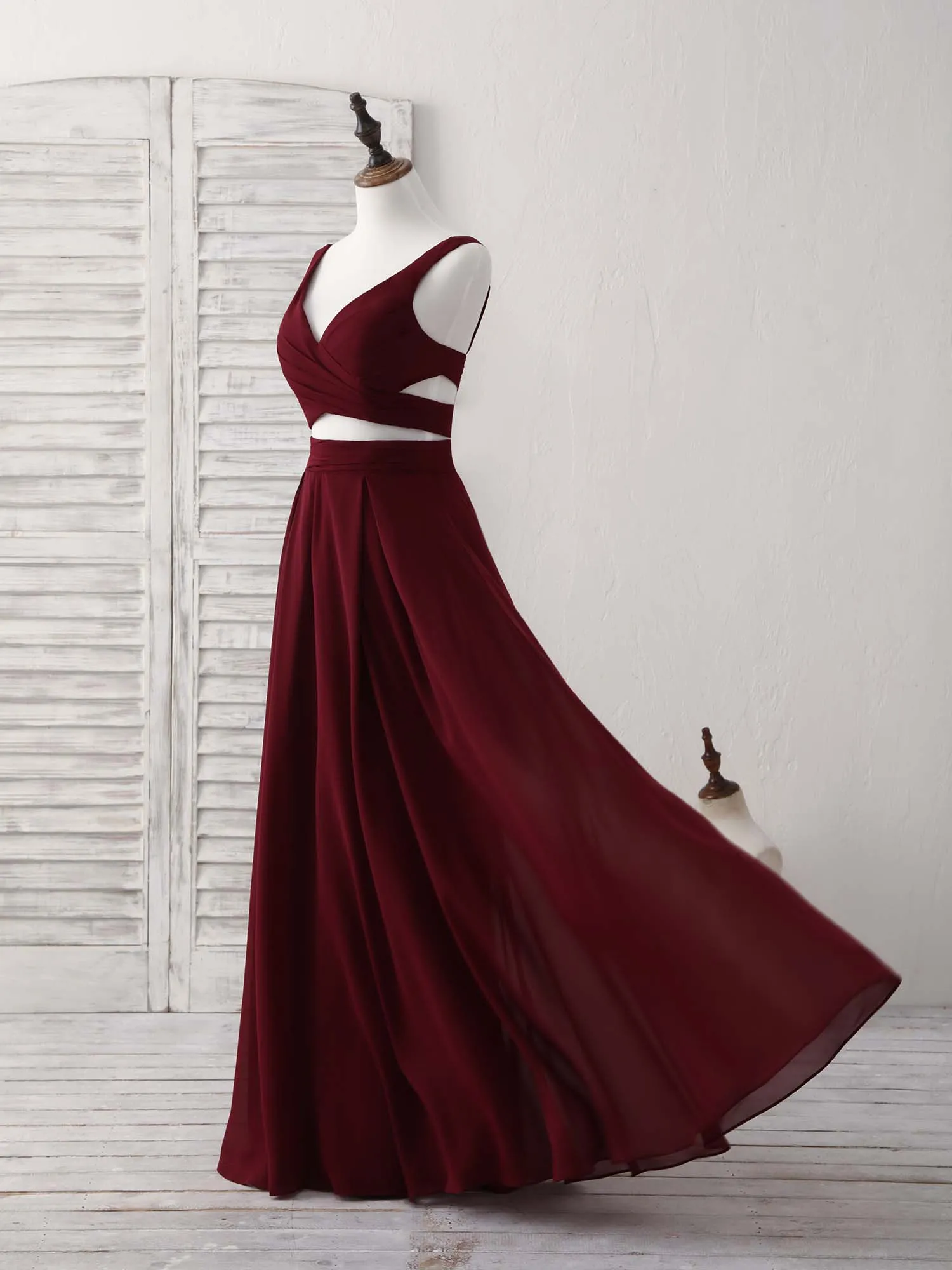 Burgundy Two Pieces Chiffon Long Prom Dress Evening Dress