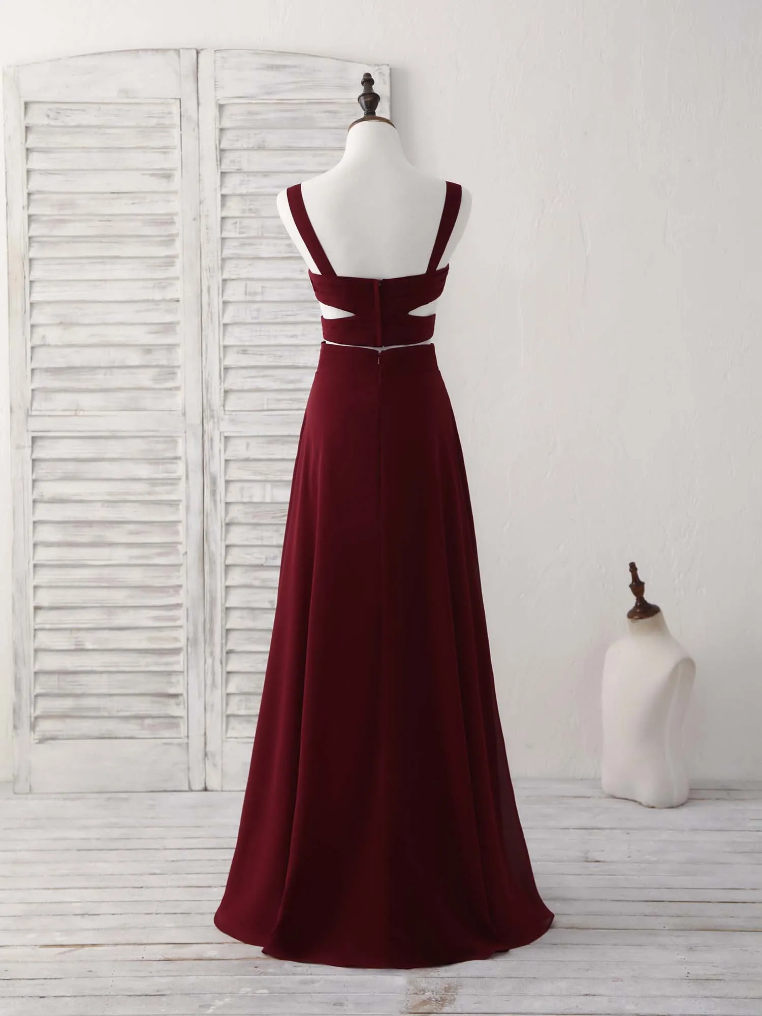 Burgundy Two Pieces Chiffon Long Prom Dress Evening Dress