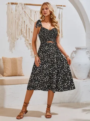 Casual Short Sleeve Flowy Day Dress Women's Fashion Front Cutout Printed Tie Shoulder Midi Dress