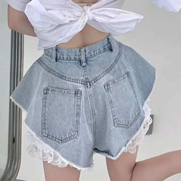 Chic High Waist Lace Undershorts Denim Shorts