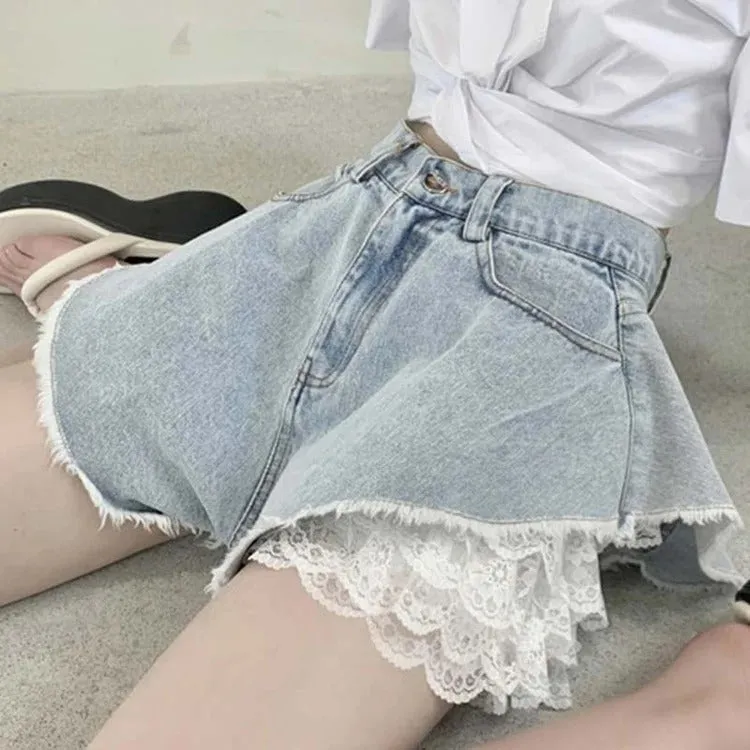 Chic High Waist Lace Undershorts Denim Shorts