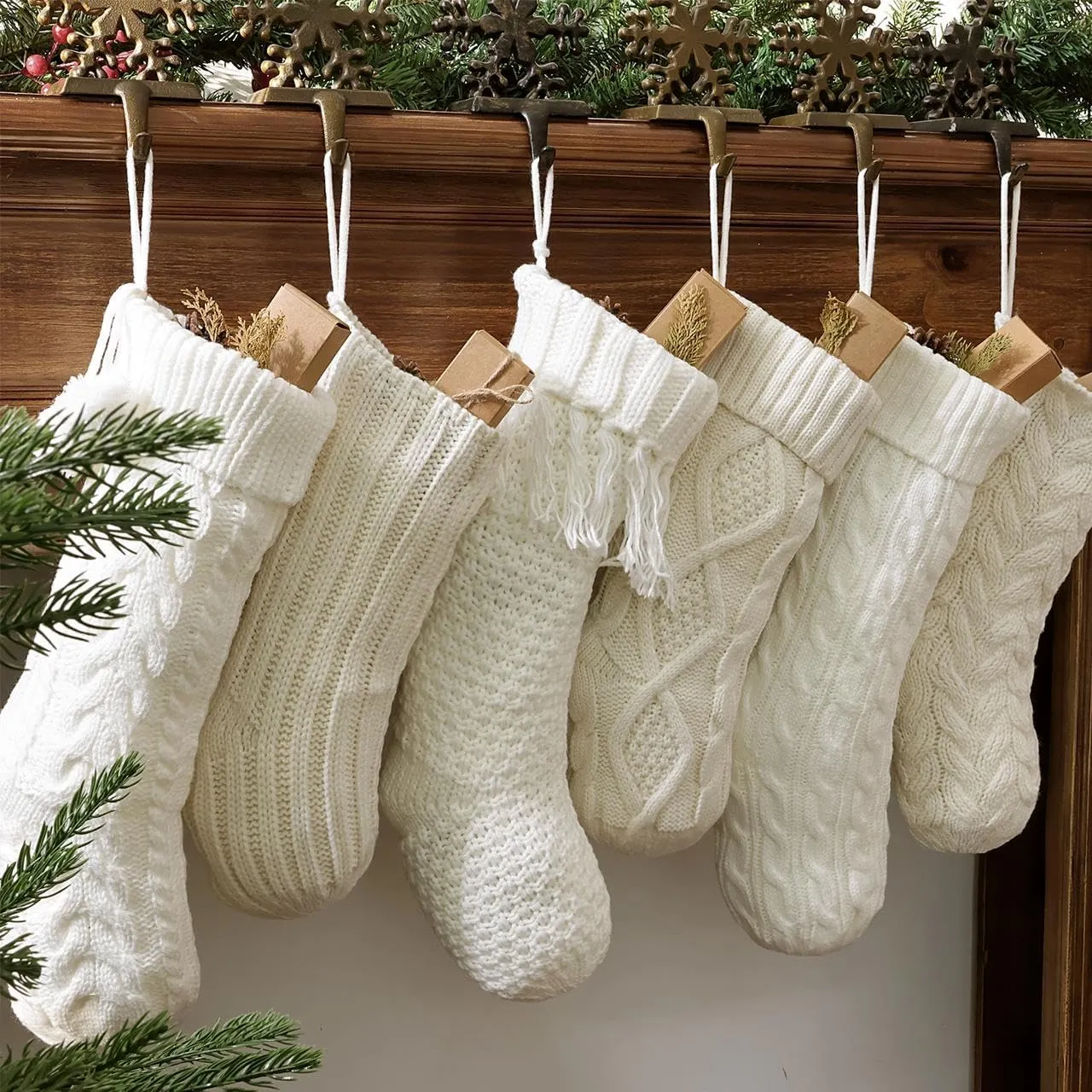 Christmas Stockings set of 6 Pack Cream & White Cable Knit Patterns