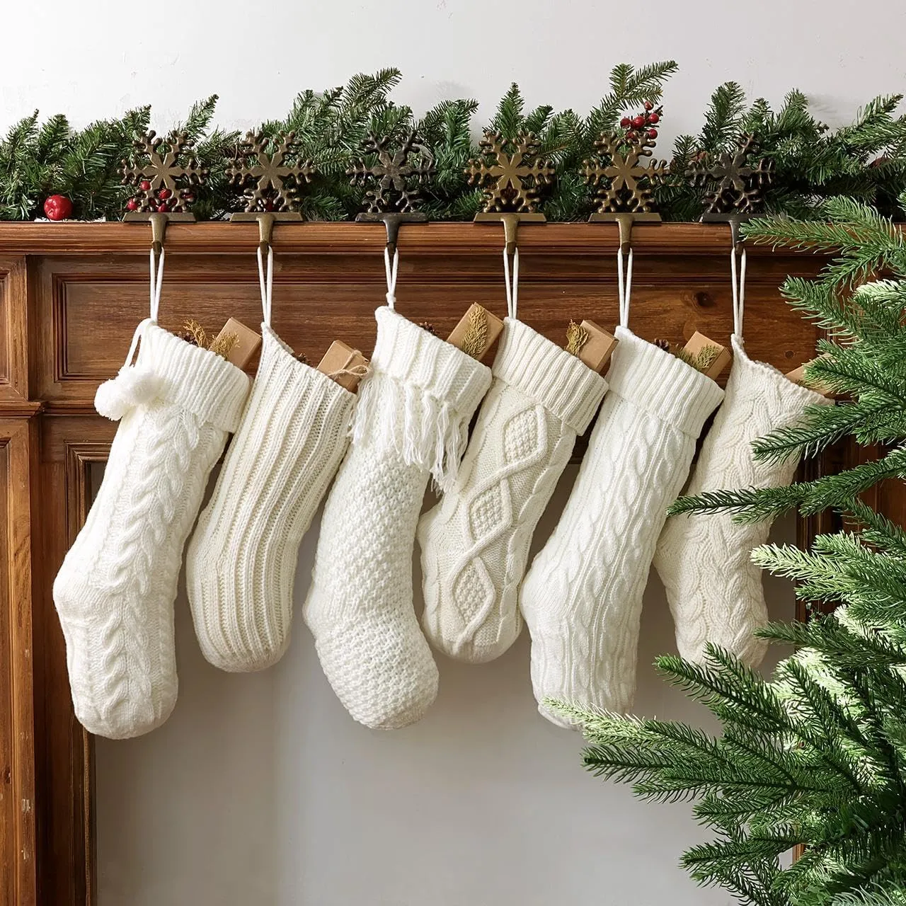 Christmas Stockings set of 6 Pack Cream & White Cable Knit Patterns