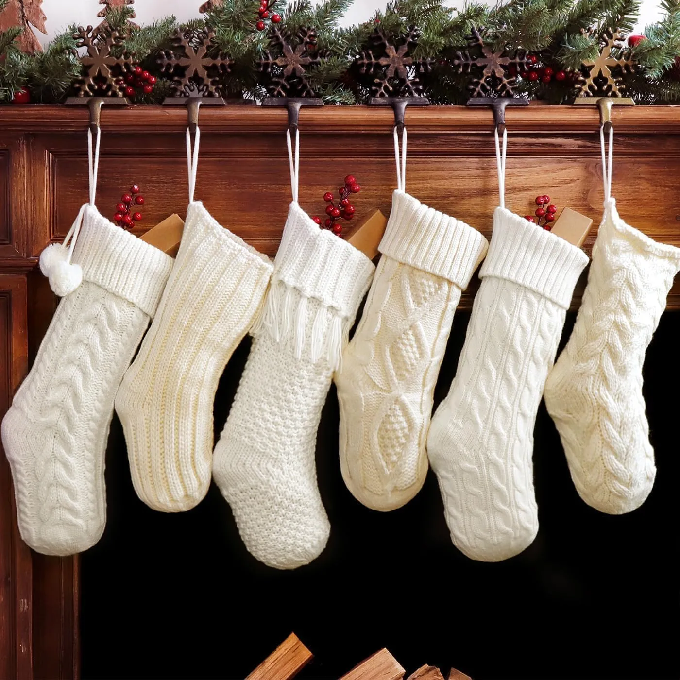 Christmas Stockings set of 6 Pack Cream & White Cable Knit Patterns