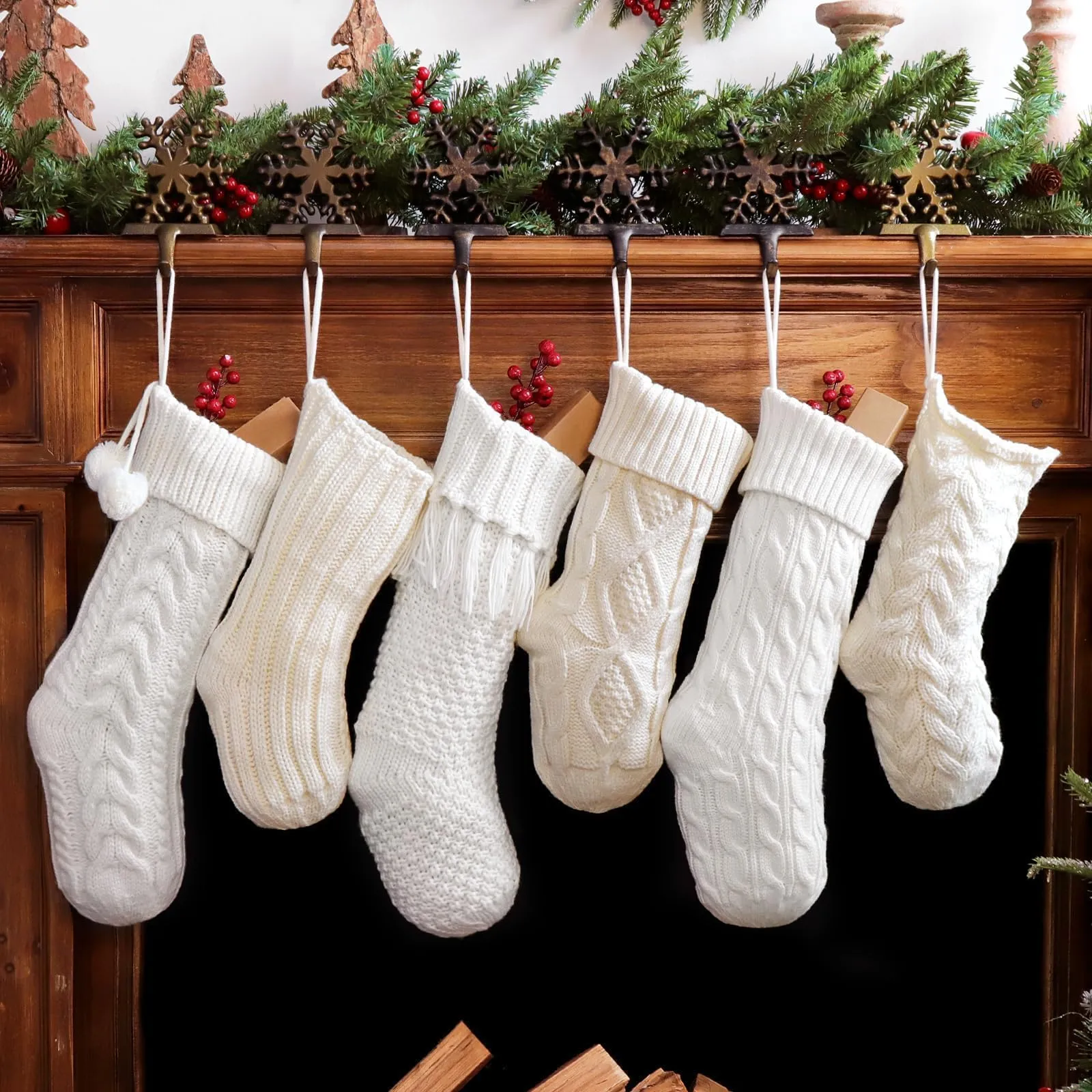 Christmas Stockings set of 6 Pack Cream & White Cable Knit Patterns