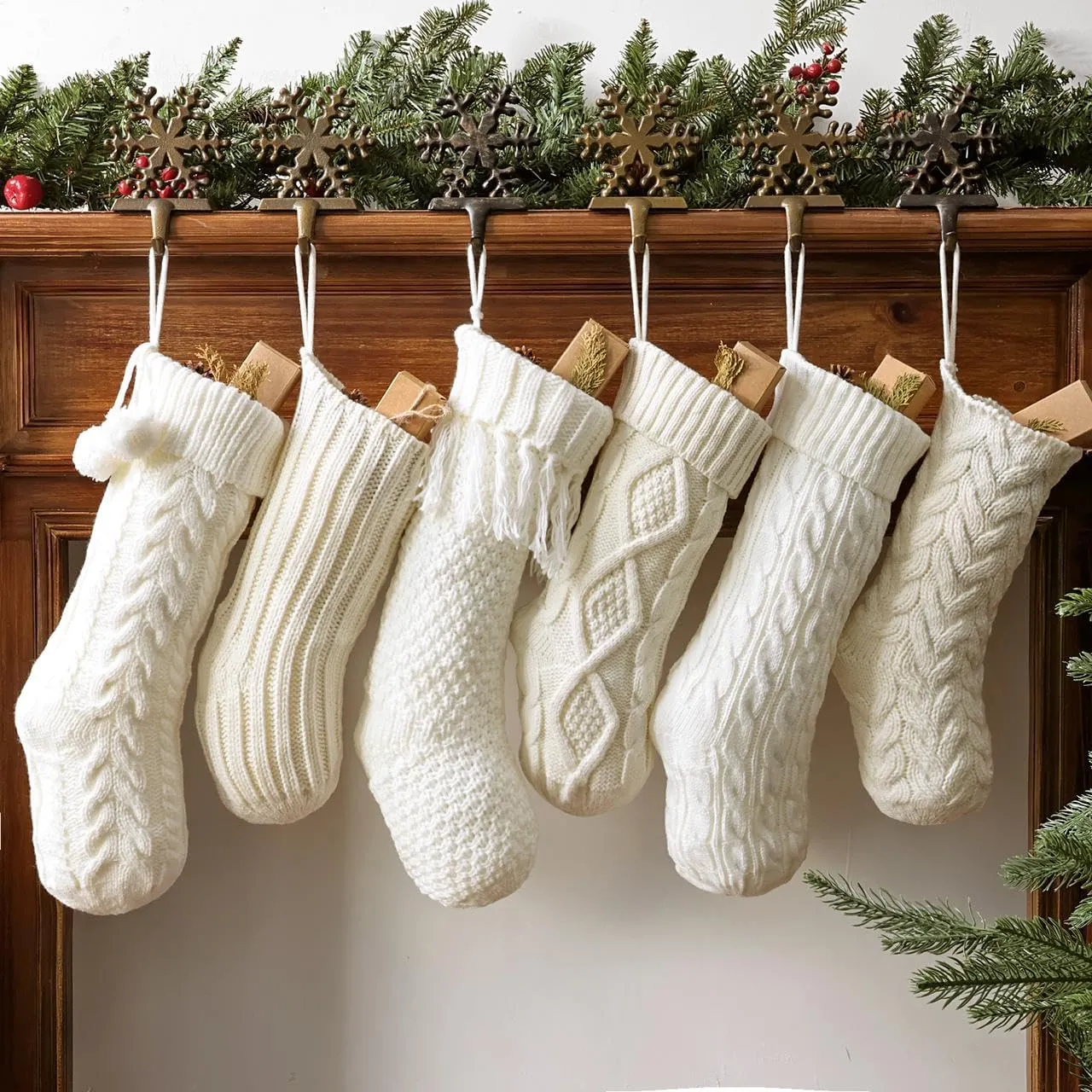 Christmas Stockings set of 6 Pack Cream & White Cable Knit Patterns