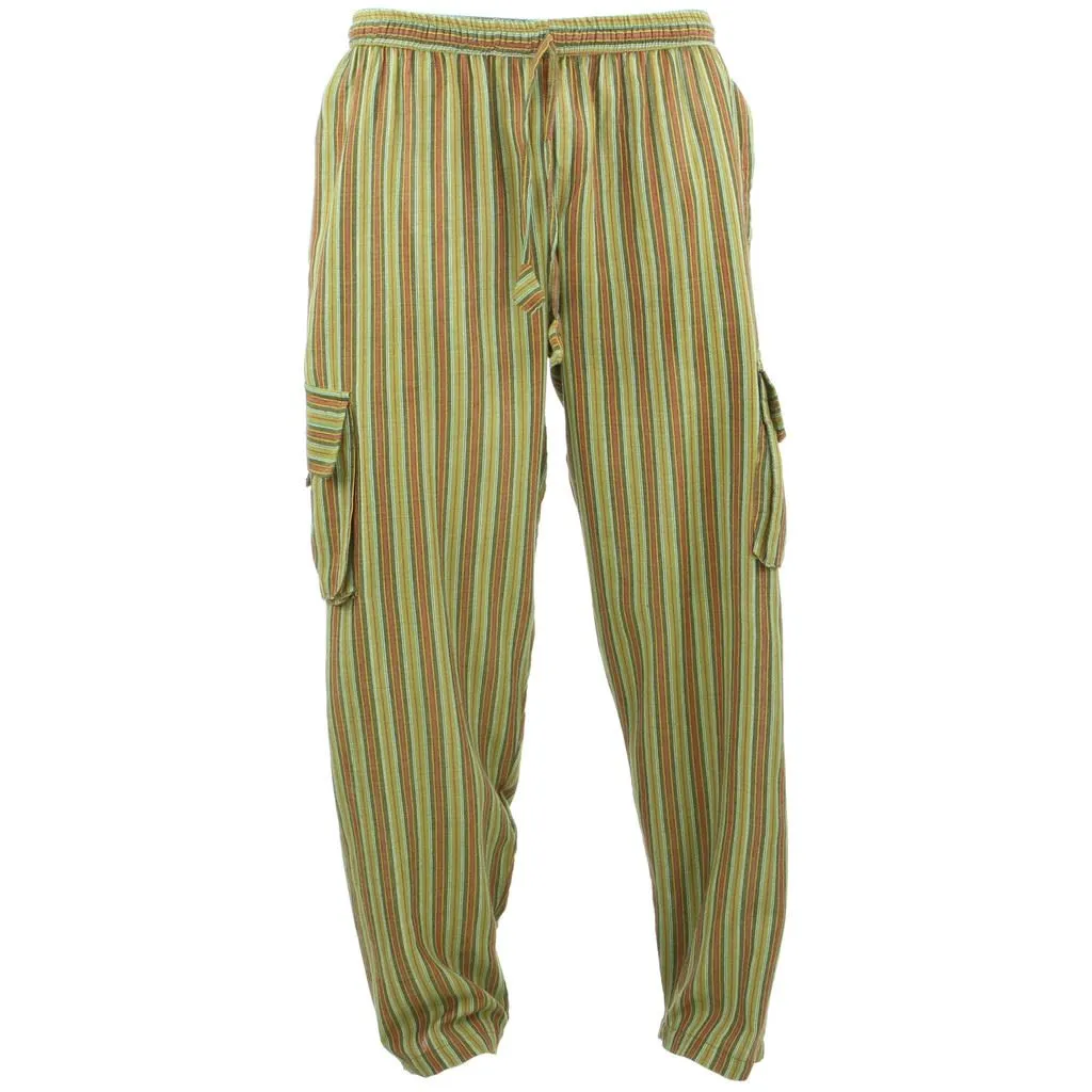 Classic Nepalese Lightweight Cotton Striped Cargo Trousers Pants - Green