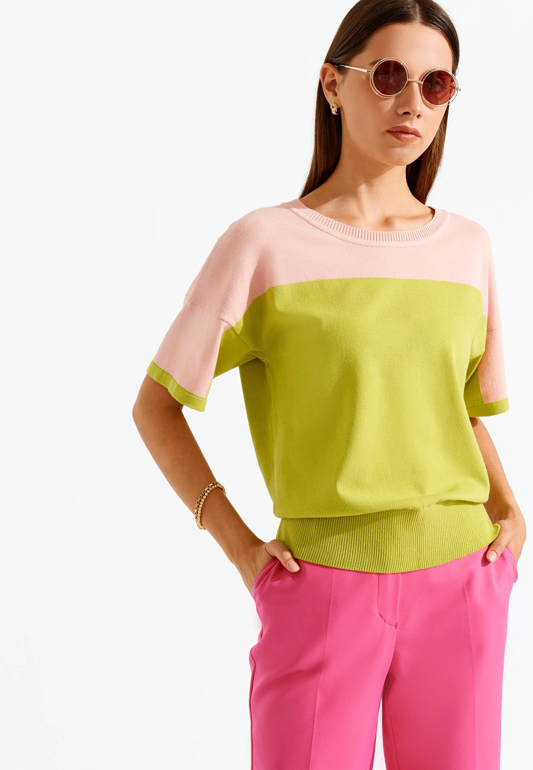 Color Blocked Three - Quarter Sleeve Sweater