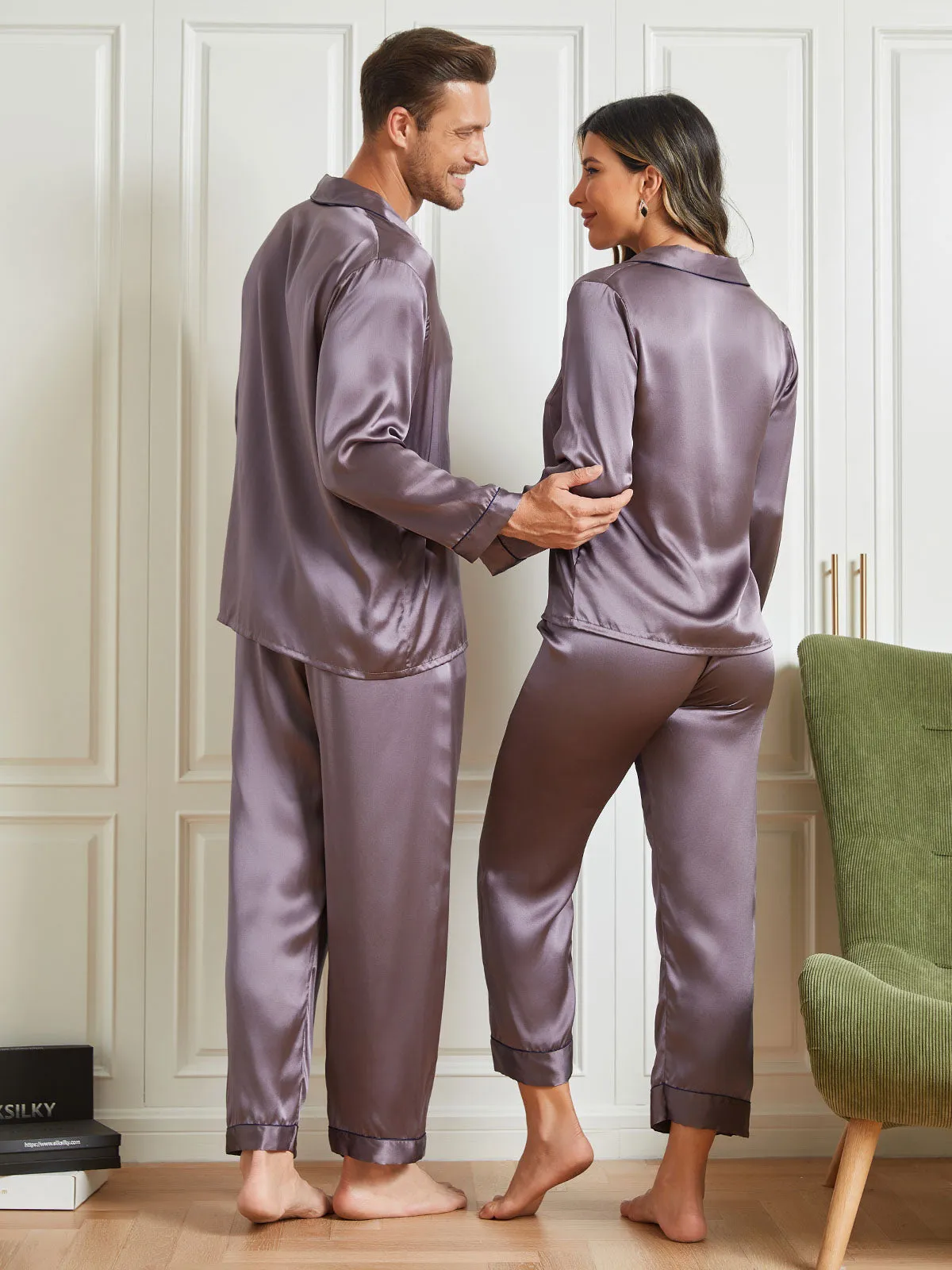 Couple Pure Silk Long Pyjama Sets Total 4Pcs