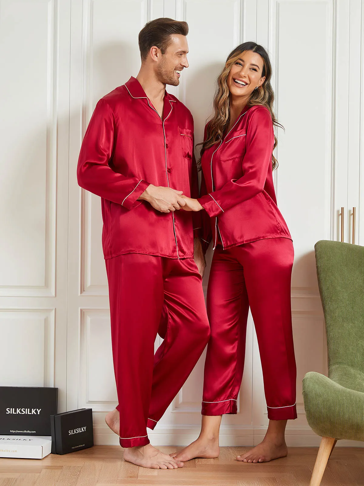 Couple Pure Silk Long Pyjama Sets Total 4Pcs