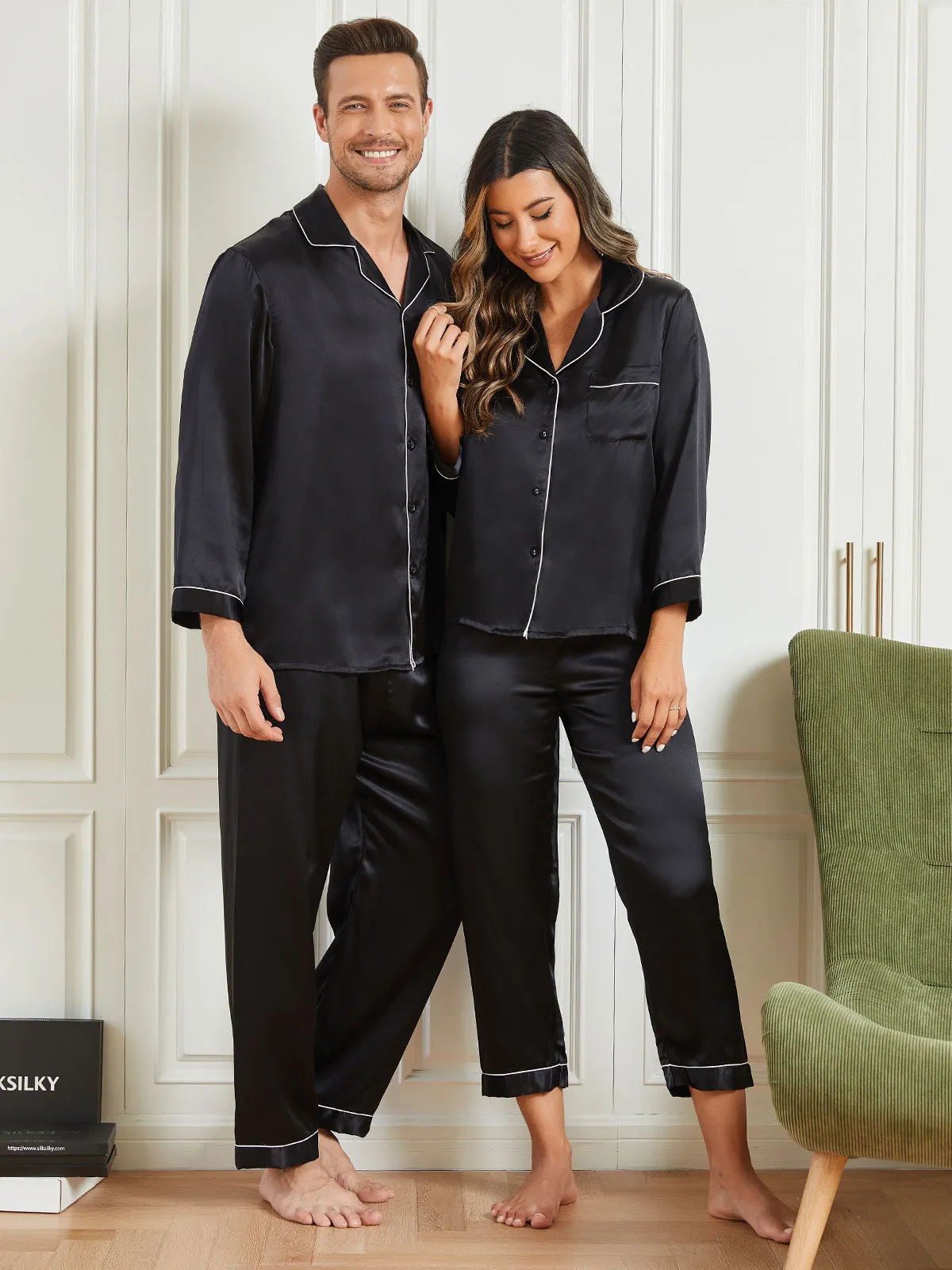 Couple Pure Silk Long Pyjama Sets Total 4Pcs