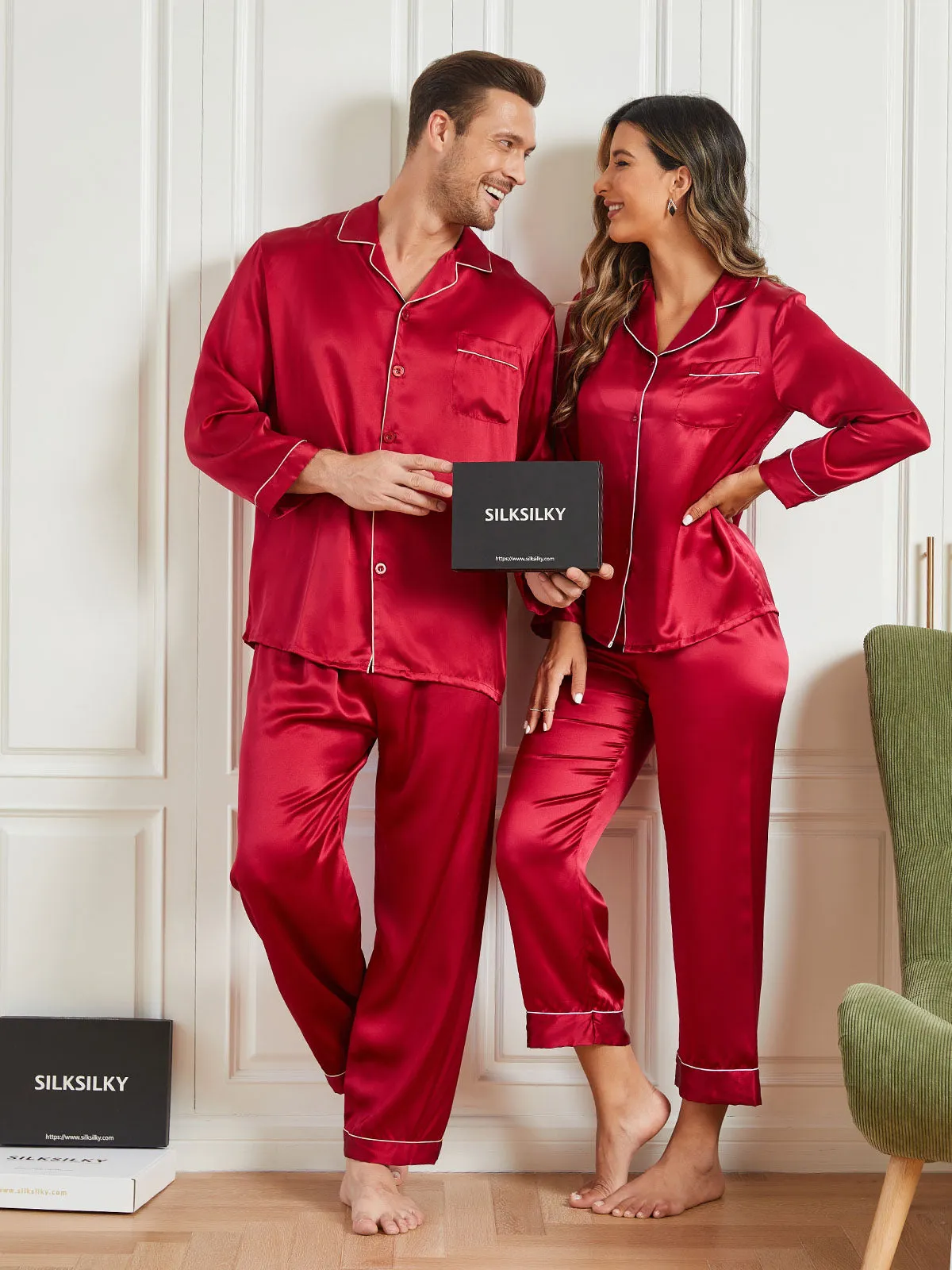 Couple Pure Silk Long Pyjama Sets Total 4Pcs