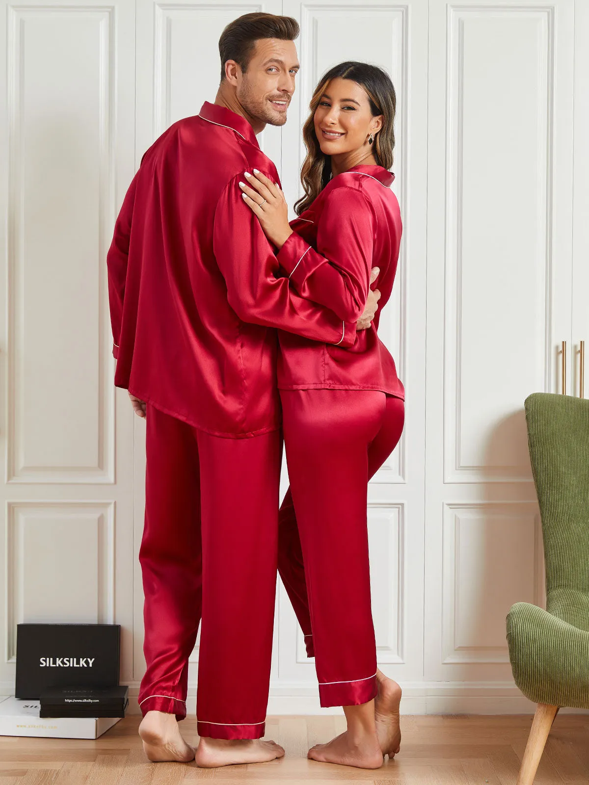 Couple Pure Silk Long Pyjama Sets Total 4Pcs