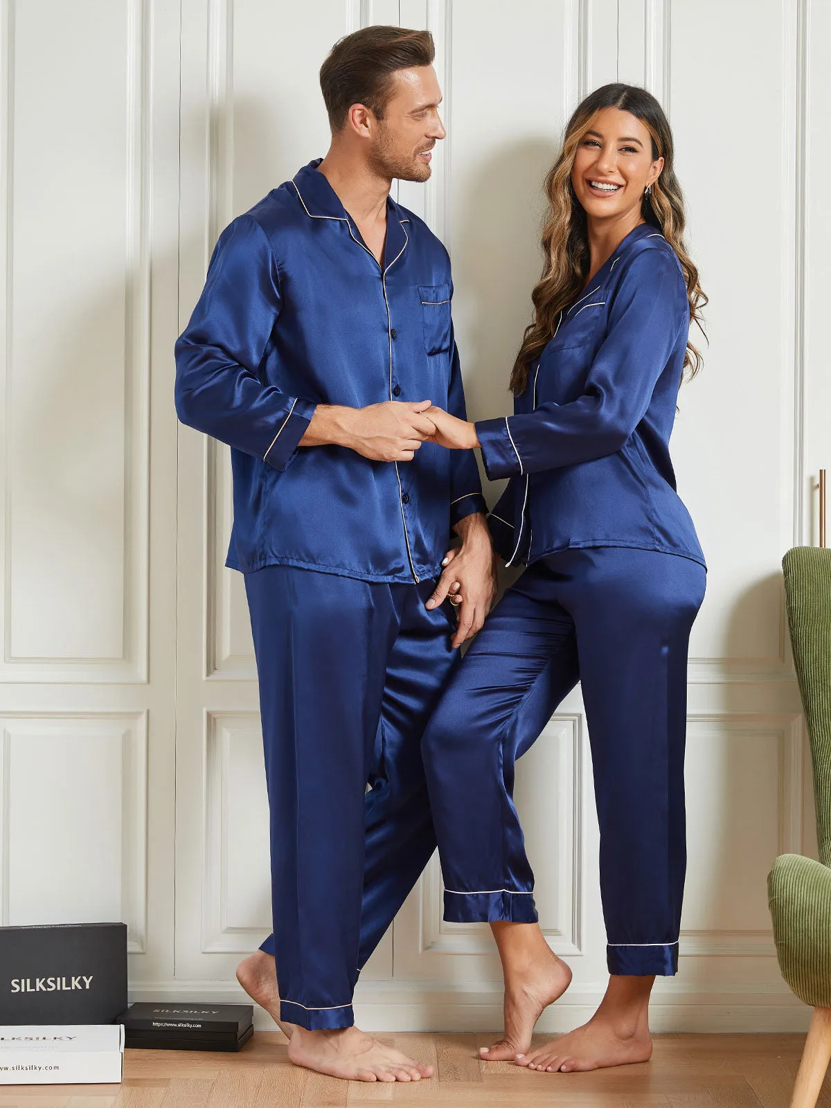 Couple Pure Silk Long Pyjama Sets Total 4Pcs